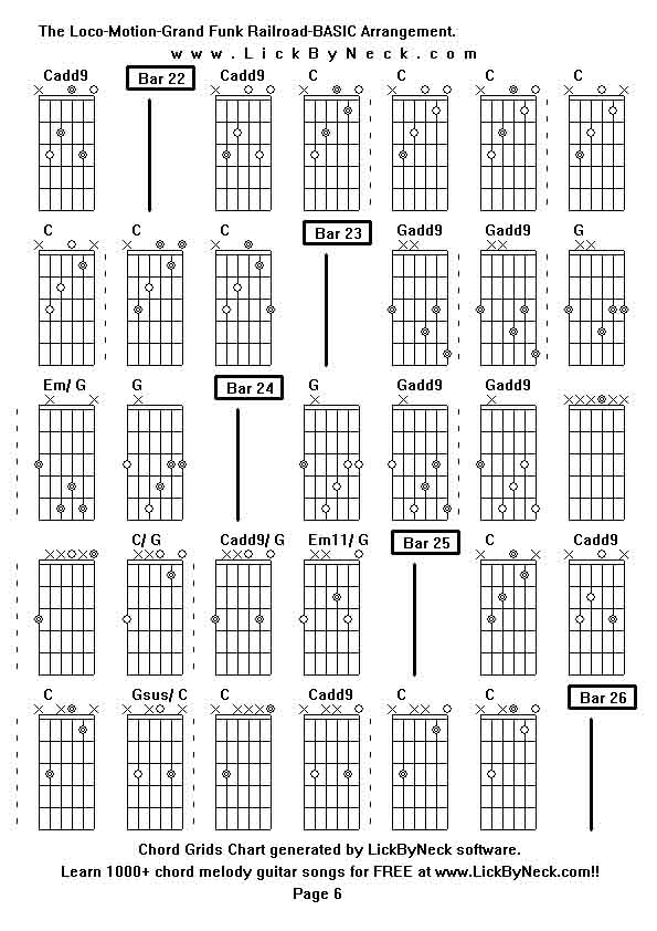 Chord Grids Chart of chord melody fingerstyle guitar song-The Loco-Motion-Grand Funk Railroad-BASIC Arrangement,generated by LickByNeck software.